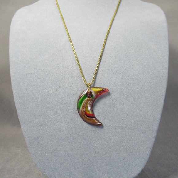 Crescent Moon Pendant, Hand Poured Art Glass Necklace - Picture 3 of 6